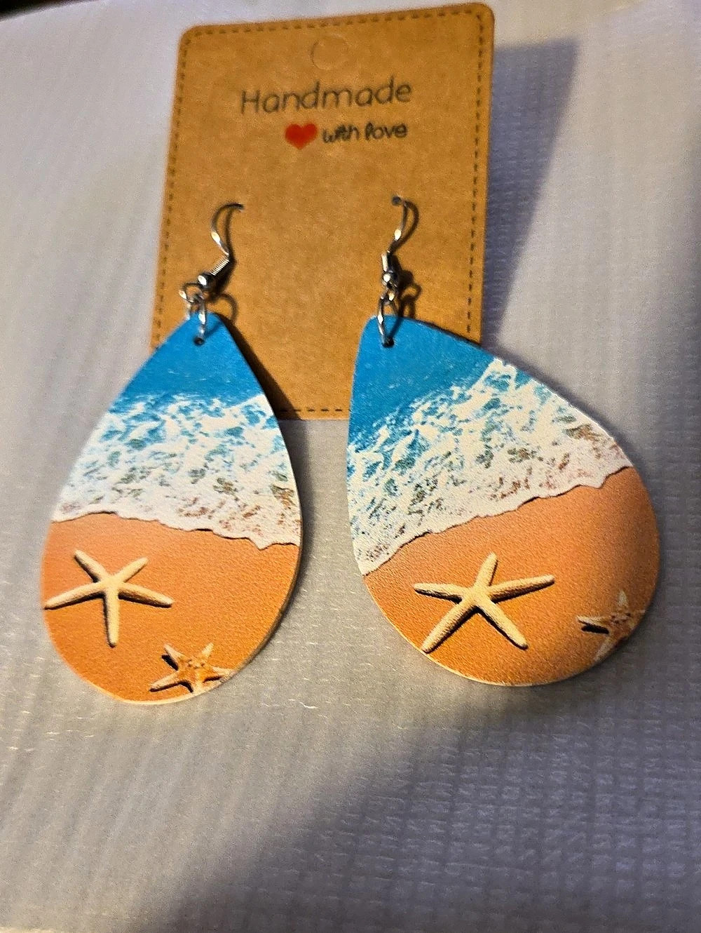 Beach Scene Teardrop Earrings in Blue & Orange